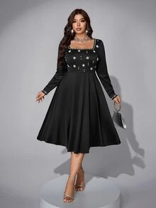 Viva Relle French Style Beaded Square Neck Little Black Dress, High Waist Slimming Mid-Length Party Formal Banquet Plus Size Evening Gown Autumn Elegant - Black - View 6