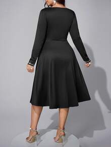 Viva Relle French Style Beaded Square Neck Little Black Dress, High Waist Slimming Mid-Length Party Formal Banquet Plus Size Evening Gown Autumn Elegant - Black - View 2