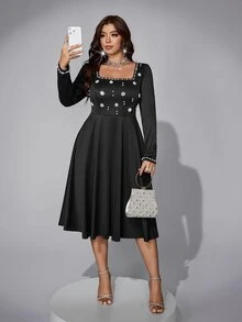 Viva Relle French Style Beaded Square Neck Little Black Dress, High Waist Slimming Mid-Length Party Formal Banquet Plus Size Evening Gown Autumn Elegant - Black - View 4