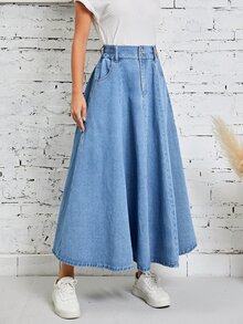 EMERY ROSE Women Denim Skirts Tombol Kantong Zip Plain - Light Wash - View 5