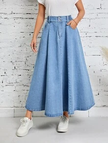 EMERY ROSE Women Denim Skirts Tombol Kantong Zip Plain - Light Wash - View 7