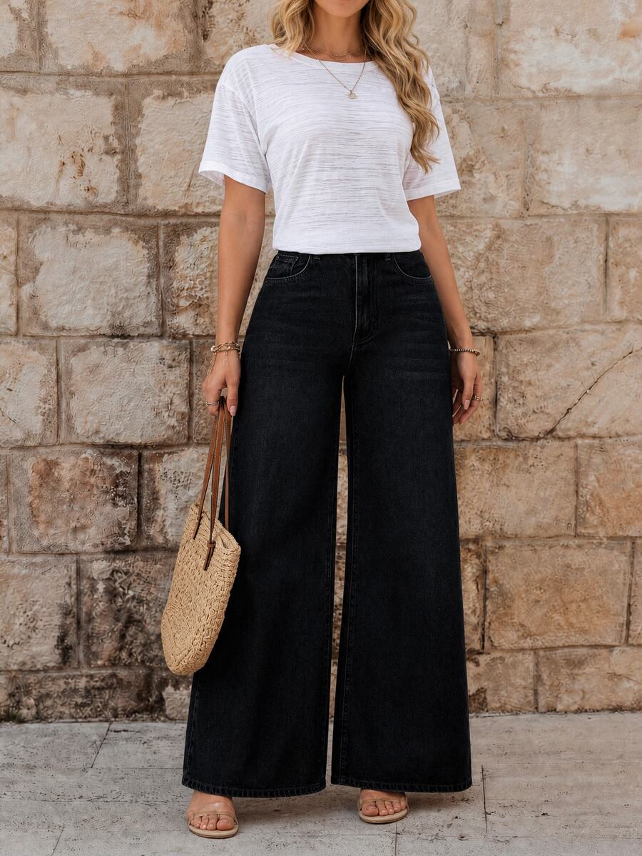 EMERY ROSE Casual Washed Wide Leg Jeans For Winter - Black - View 1