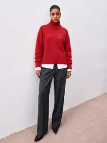 ATUI Studio Sweater Wanita Kasual Musim Gugur/Dingin dengan Kerah Tegak Warna Polos - Merah - View 3