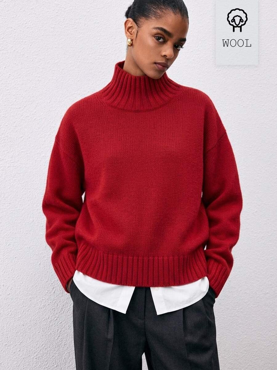 ATUI Studio Sweater Wanita Kasual Musim Gugur/Dingin dengan Kerah Tegak Warna Polos - Merah - View 1
