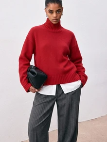 ATUI Studio Sweater Wanita Kasual Musim Gugur/Dingin dengan Kerah Tegak Warna Polos - Merah - View 2