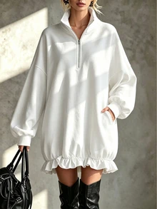 Trelyra White Top Half‑Zip Stand Collar Sweatshirt, Ruffle Hem Patchwork,Going Out Top ,Casual Blouses,Peplum Top Women,Spring, Summer, Autumn, And Winter - White - View 4