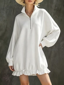 Trelyra White Top Half‑Zip Stand Collar Sweatshirt, Ruffle Hem Patchwork,Going Out Top ,Casual Blouses,Peplum Top Women,Spring, Summer, Autumn, And Winter - White - View 5