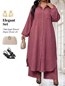 Fleurora Plus Size Solid Color Long Shirt & Pants 2 Pieces Set Fall - Dusty Pink - View 4