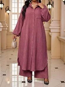 Fleurora Plus Size Solid Color Long Shirt & Pants 2 Pieces Set Fall - Dusty Pink - View 1