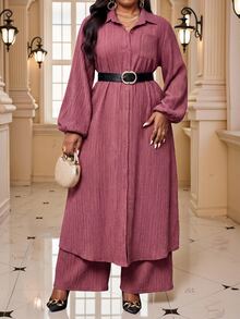 Fleurora Plus Size Solid Color Long Shirt & Pants 2 Pieces Set Fall - Dusty Pink - View 3