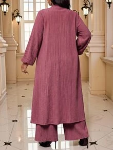 Fleurora Plus Size Solid Color Long Shirt & Pants 2 Pieces Set Fall - Dusty Pink - View 2