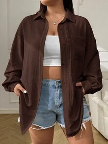Solflare Plus Size Women Solid Color Drop Shoulder Long Sleeve Single-Breasted Casual Pocket Shirt - Brown - View 5