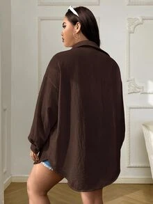 Solflare Plus Size Women Solid Color Drop Shoulder Long Sleeve Single-Breasted Casual Pocket Shirt - Brown - View 2