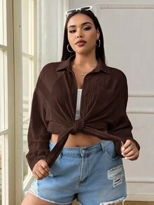 Solflare Plus Size Women Solid Color Drop Shoulder Long Sleeve Single-Breasted Casual Pocket Shirt - Brown - View 4