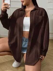 Solflare Plus Size Women Solid Color Drop Shoulder Long Sleeve Single-Breasted Casual Pocket Shirt - Brown - View 1
