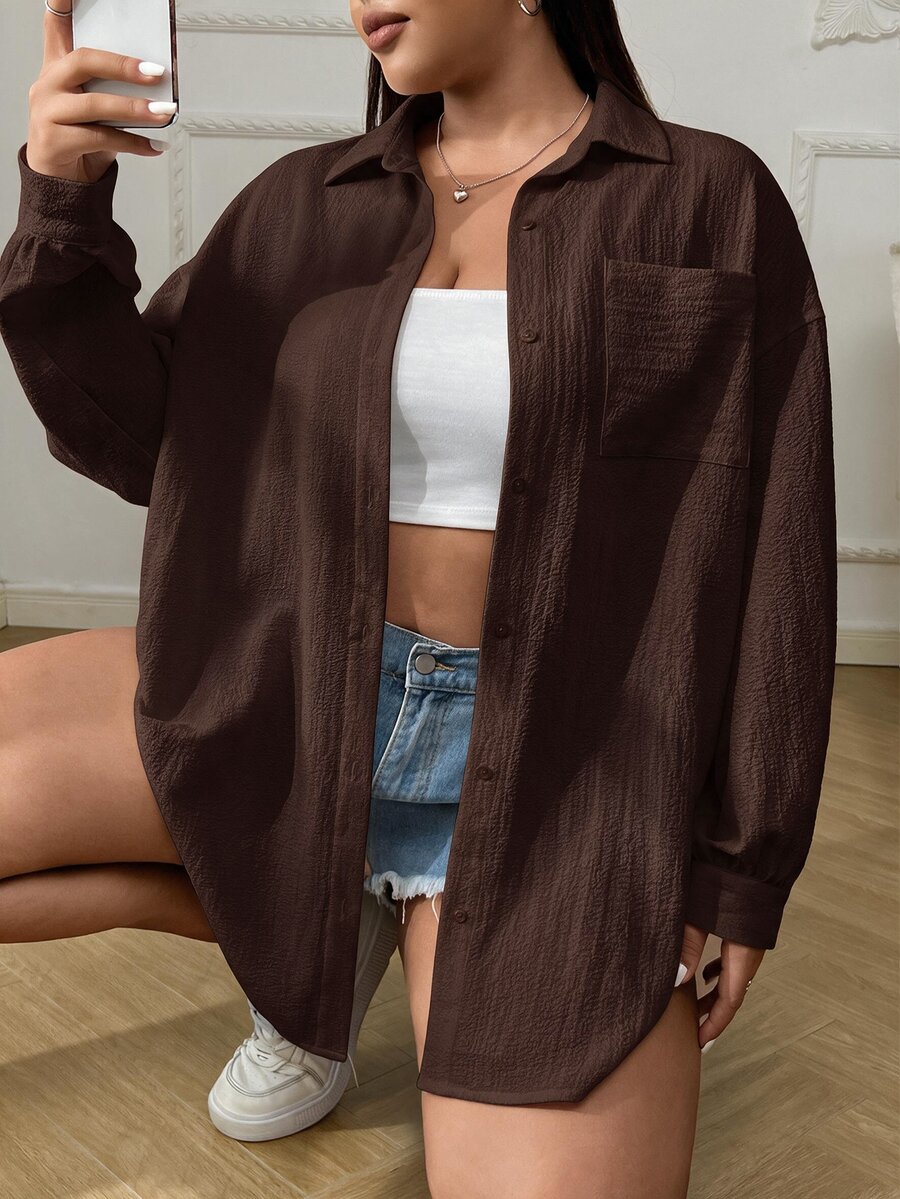 Solflare Plus Size Women Solid Color Drop Shoulder Long Sleeve Single-Breasted Casual Pocket Shirt - Brown - View 1