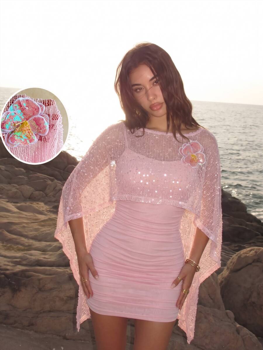 Ure Wave 女款淺粉色海灘度假派對 3D 花卉針織鉤編亮片透視不對稱露肩寬鬆上衣與抓皺下擺修身迷你洋裝 2 件套,波希米亞風,度假披肩袖透視 - 粉色 - 查看 1