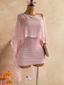 Ure Wave 女款淺粉色海灘度假派對 3D 花卉針織鉤編亮片透視不對稱露肩寬鬆上衣與抓皺下擺修身迷你洋裝 2 件套，波希米亞風，度假披肩袖透視 - 粉色 - 查看 4