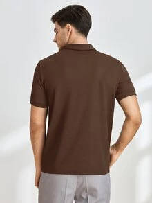 Mainfolk 男士休閒針織修身半拉鍊短袖 Polo 衫，適合日常穿著、度假、父親節禮物、足球運動 - 棕色 - 查看 4