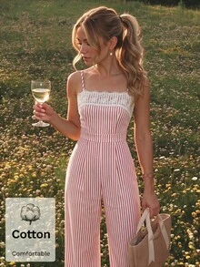 SHEIN MOD 女款條紋圖案對比蕾絲高腰百褶吊帶連身褲 - 珊瑚粉 - 查看 5