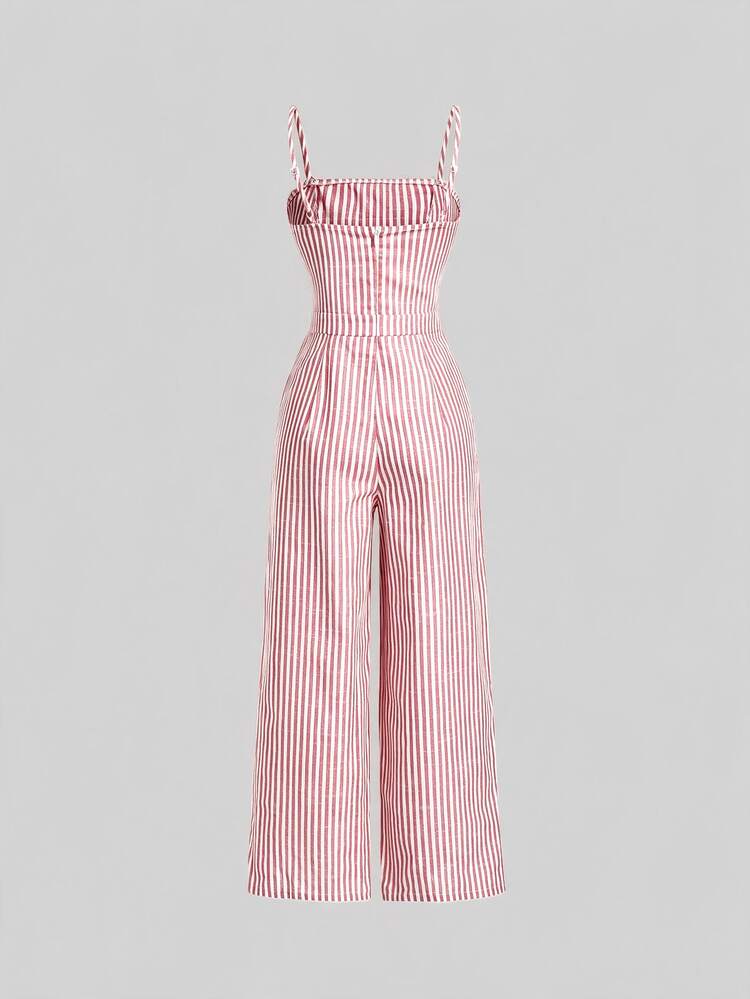 SHEIN MOD Women's Striped Pattern Contrast Lace High Waist Pleated Cami Jumpsuit - Coral Pink - View 2