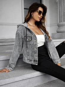 SHEIN Frenchy Women's Drawstring Hooded Single-Breasted Casual Versatile Daily Denim Jacket - Dark Grey - View 5