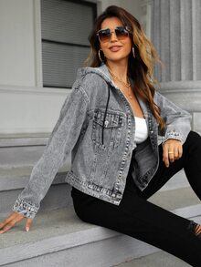 SHEIN Frenchy Women's Drawstring Hooded Single-Breasted Casual Versatile Daily Denim Jacket - Dark Grey - View 1