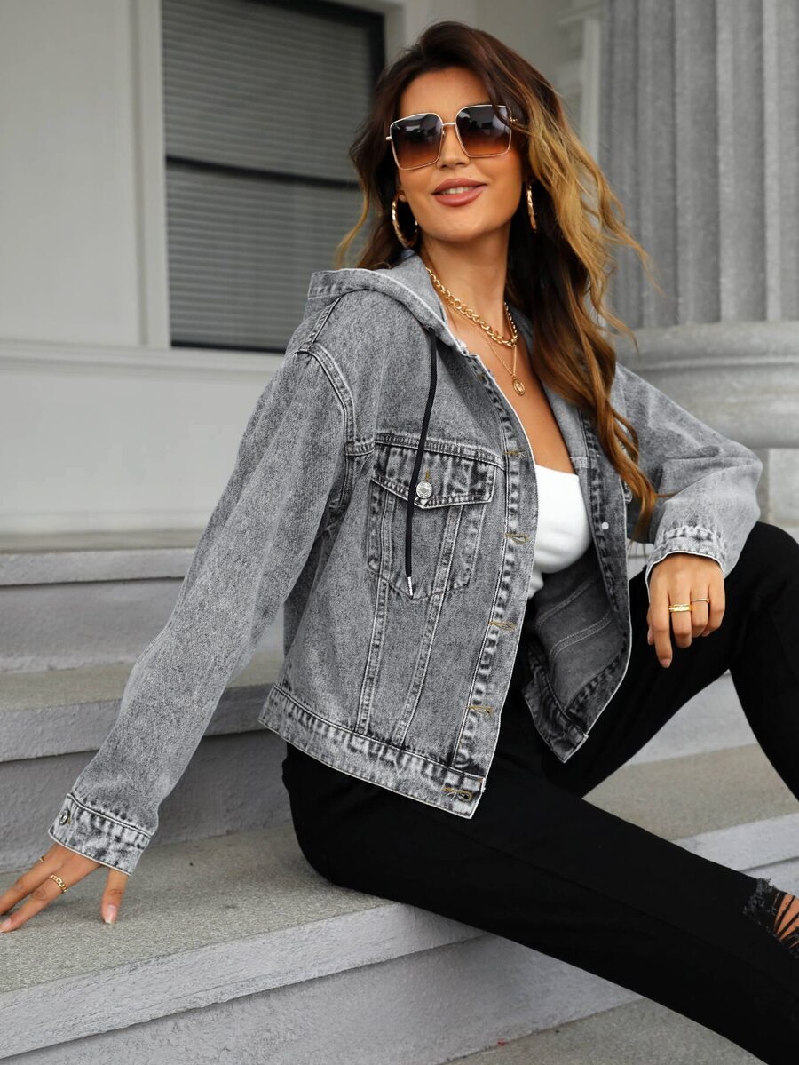SHEIN Frenchy Women's Drawstring Hooded Single-Breasted Casual Versatile Daily Denim Jacket - Dark Grey - View 1