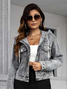 SHEIN Frenchy Women's Drawstring Hooded Single-Breasted Casual Versatile Daily Denim Jacket - Dark Grey - View 3