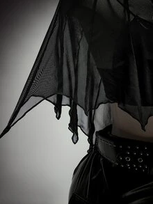 SHEIN ICON Plus Size Retro Sexy Millennial Style Y2K Dark Gothic Halloween Outfit: Simple Casual Asymmetrical Pointed Hem Black Mesh Shawl Top - Black - View 6
