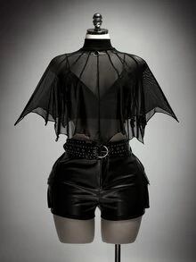 SHEIN ICON Plus Size Retro Sexy Millennial Style Y2K Dark Gothic Halloween Outfit: Simple Casual Asymmetrical Pointed Hem Black Mesh Shawl Top - Black - View 7