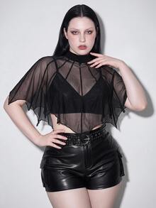 SHEIN ICON Plus Size Retro Sexy Millennial Style Y2K Dark Gothic Halloween Outfit: Simple Casual Asymmetrical Pointed Hem Black Mesh Shawl Top - Black - View 8