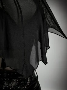 SHEIN ICON Plus Size Retro Sexy Millennial Style Y2K Dark Gothic Halloween Outfit: Simple Casual Asymmetrical Pointed Hem Black Mesh Shawl Top - Black - View 4