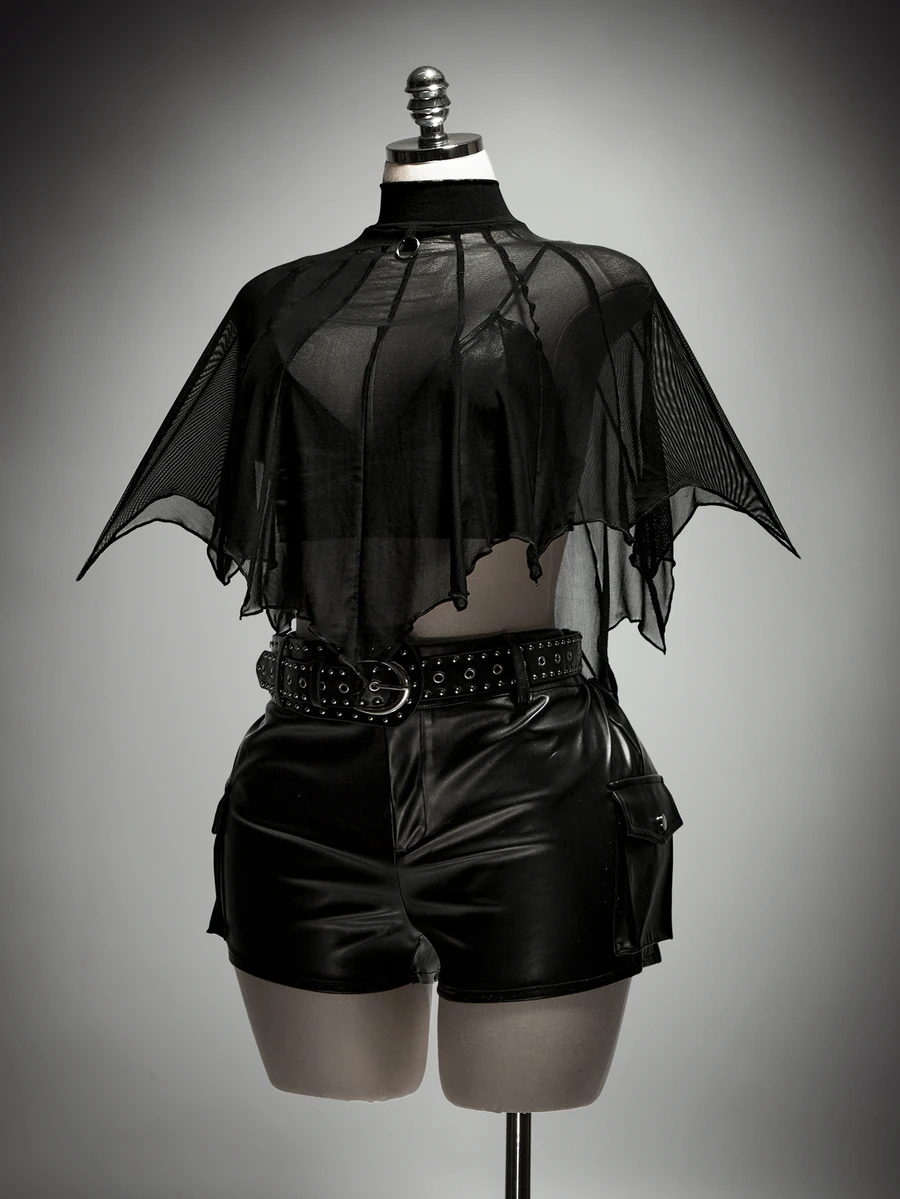 SHEIN ICON Plus Size Retro Sexy Millennial Style Y2K Dark Gothic Halloween Outfit: Simple Casual Asymmetrical Pointed Hem Black Mesh Shawl Top - Black - View 1