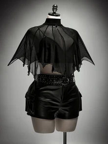SHEIN ICON Plus Size Retro Sexy Millennial Style Y2K Dark Gothic Halloween Outfit: Simple Casual Asymmetrical Pointed Hem Black Mesh Shawl Top - Black - View 5