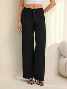 SHEIN Tall 純色高腰喇叭直筒長褲 - 黑色 - 查看 6