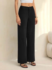 SHEIN Tall 純色高腰喇叭直筒長褲 - 黑色 - 查看 5