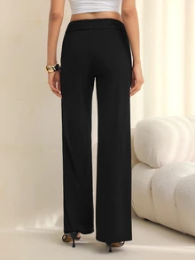 SHEIN Tall 純色高腰喇叭直筒長褲 - 黑色 - 查看 2