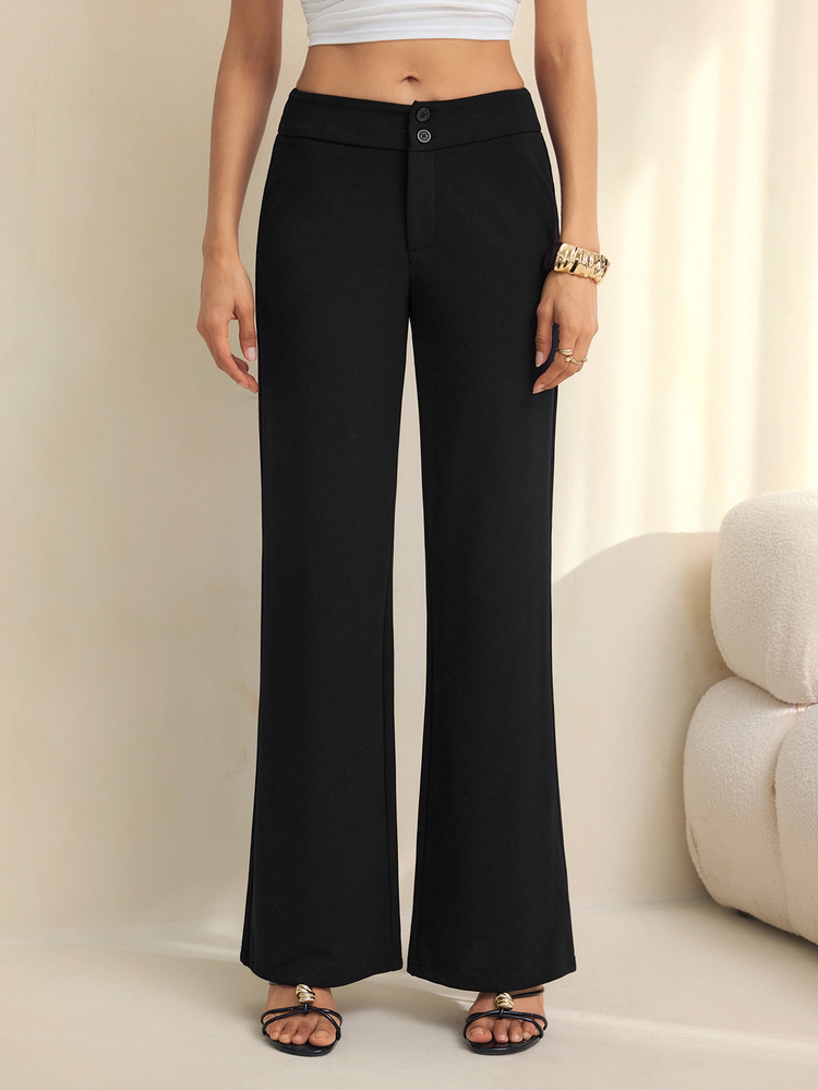 SHEIN Tall 純色高腰喇叭直筒長褲 - 黑色 - 查看 7