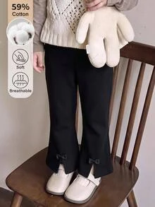 SHEIN Girls' Long Pants Spring Clothing Fall Clothes Winter Clothes Sweatpants With Bows; Cotton-Blend Flared Pants Suitable For Halloween And Christmas. - Black - View 2