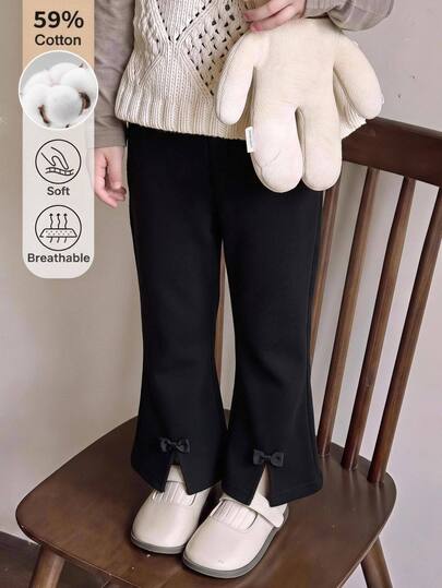 SHEIN Girls' Long Pants Spring Clothing Fall Clothes Winter Clothes Sweatpants With Bows; Cotton-Blend Flared Pants Suitable For Halloween And Christmas.