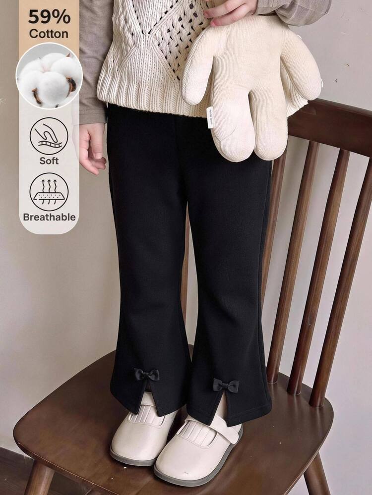 SHEIN 女童長褲 春季衣物 秋季衣物 冬季衣物 運動褲 附蝴蝶結；棉混紡喇叭褲 適合萬聖節與聖誕節 - 黑色 - 查看 1