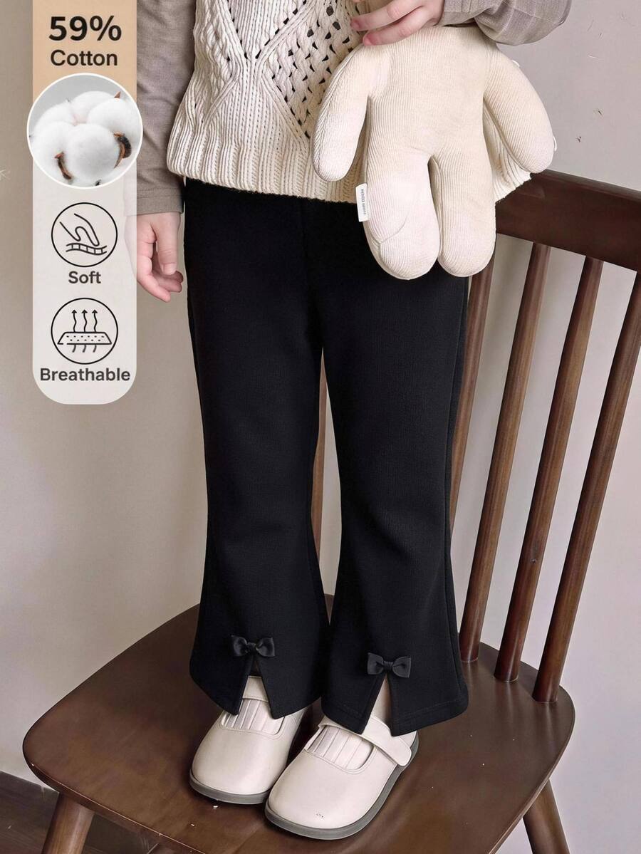 SHEIN Girls' Long Pants Spring Clothing Fall Clothes Winter Clothes Sweatpants With Bows; Cotton-Blend Flared Pants Suitable For Halloween And Christmas.