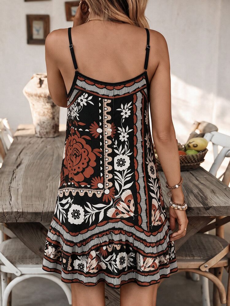 Breezaya Women's New Summer Swimwear Fashion Vacation Elegant Sexy Casual Holiday Adjustable Strap Bohemian Totem Print Patchwork Asymmetrical Ruffle Black Dress Cover-Up, Summer Beach Vacation, Work, Country, Easter, Thanksgiving, Mother's Day, Pool Party, Music Festival, Halloween, Christmas, Cruise, Club - Black - View 2