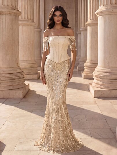Coutiva Women's Fashion Off-Shoulder Sequin Fringe Formal Evening Dress