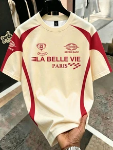 Manfinity Hypemode Men's Sporty Striped Colorblock Apricot T-Shirt, Suitable For Daily Wear And Gatherings - Multicolor - View 1