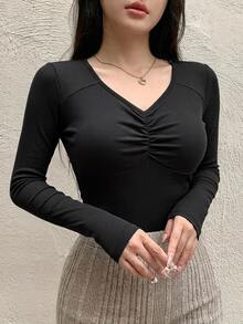 DAZY 女款優雅韓風百褶長袖T恤，適合約會穿著 - 黑色 - 查看 3