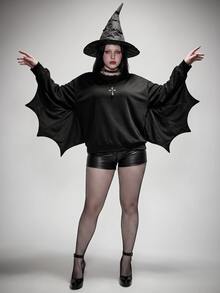 SHEIN ICON Plus Size Retro Sexy Millennial Style Y2K Dark Gothic Halloween Outfit: Simple Casual Batwing Sleeve Black Crew Neck Sweatshirt Fall - Black - View 1