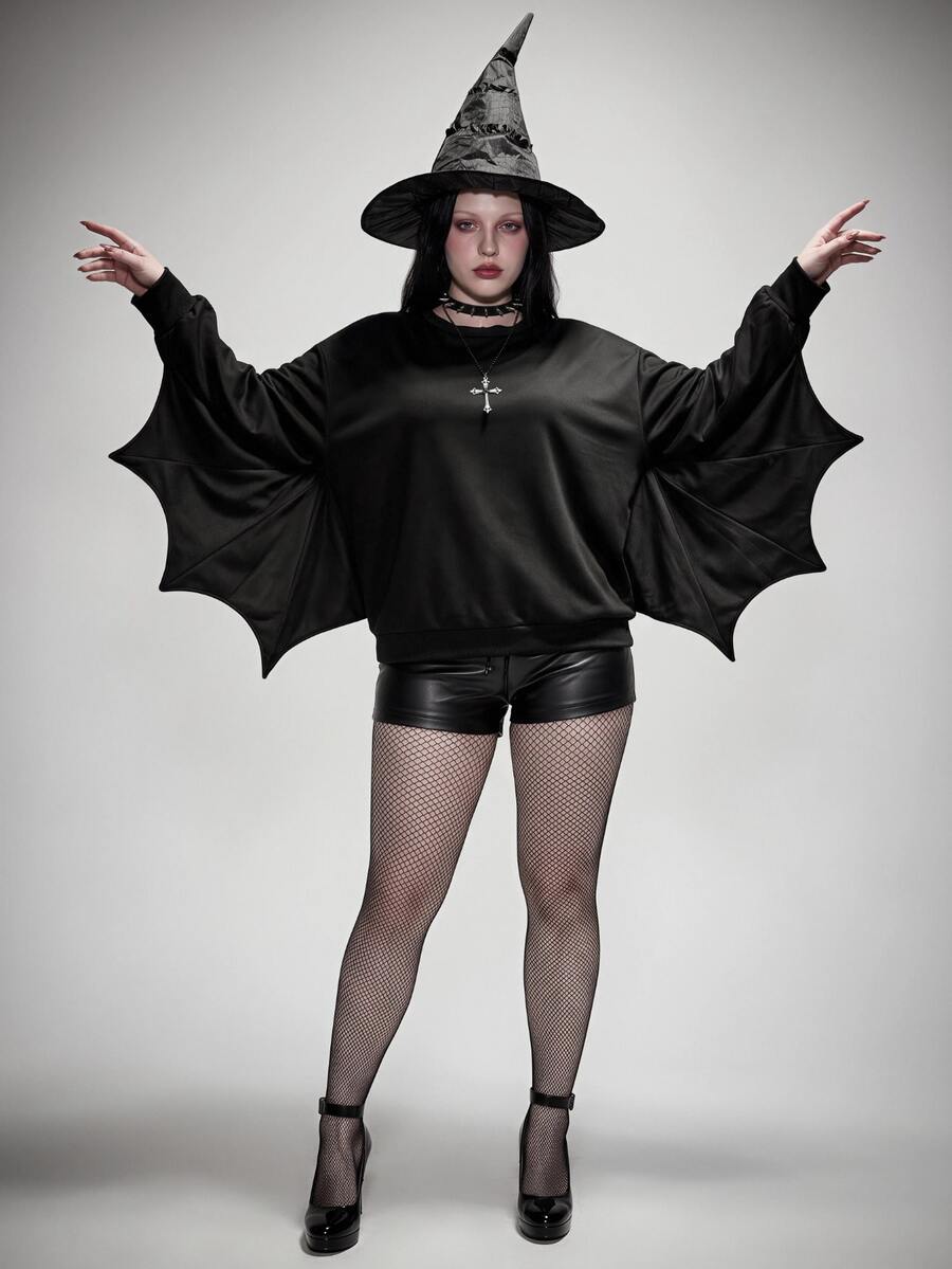 SHEIN ICON Plus Size Retro Sexy Millennial Style Y2K Dark Gothic Halloween Outfit: Simple Casual Batwing Sleeve Black Crew Neck Sweatshirt Fall - Black - View 1