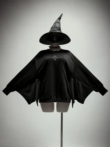 SHEIN ICON Plus Size Retro Sexy Millennial Style Y2K Dark Gothic Halloween Outfit: Simple Casual Batwing Sleeve Black Crew Neck Sweatshirt Fall - Black - View 10